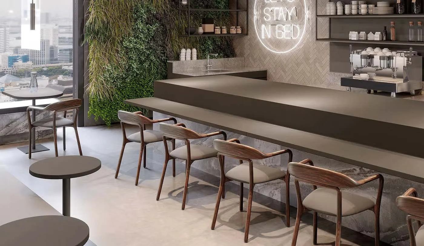 Ambiente comercial com marcenaria e ripado