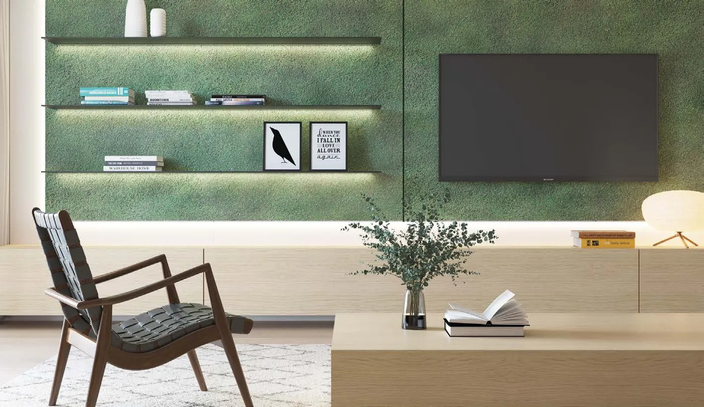 Sala com painel ripado e nichos em MDF